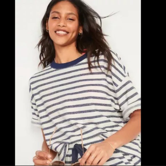 Oversized Striped Cali-Fleece Elbow-Sleeve Sweatshirt - Picture 1 of 5